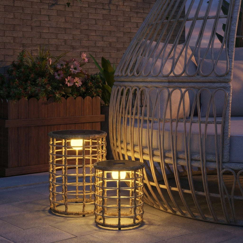 Lampada da Giardino Solare 2 Pezzi Rattan con Sensore Luce LED ¨C zephmum ¨C Grigio 2xIP44