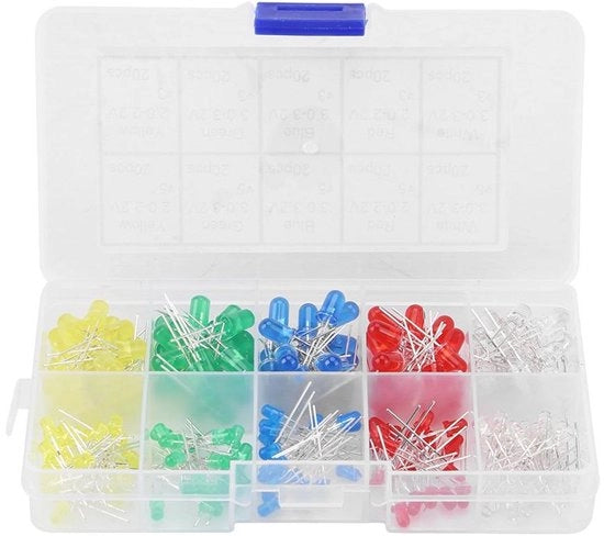 Assortimento di diodi LED in rosso, giallo, bianco, verde, blu - 200 pezzi, 3 mm & 5 mm