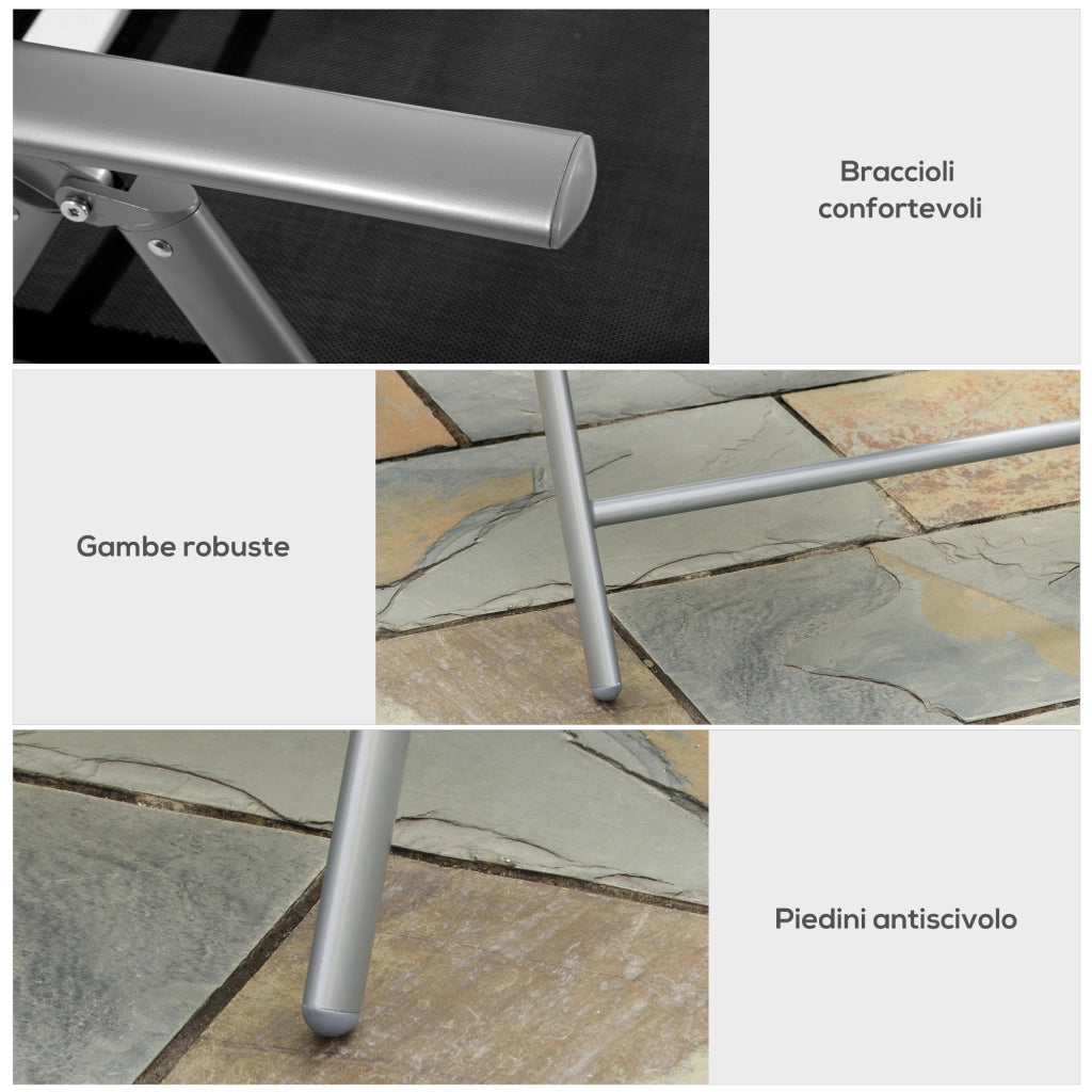 Sedia da Giardino Pieghevole in Alluminio e Texteline Schienale Regolabile a 7 Livelli, Nero 65x55x85-105cm