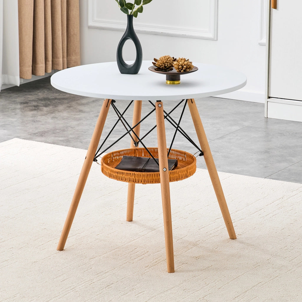 Tavolo da pranzo rotondo con cestello sospeso, 2-4 posti, in MDF e legno massiccio, per piccoli spazi, bianco, Ø 80 cm