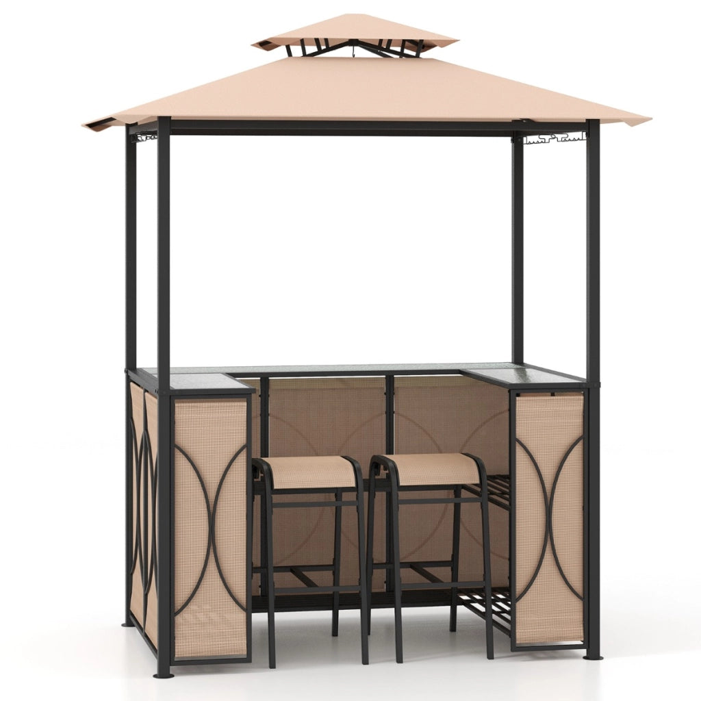 Set bar da patio a 3 pezzi con tavolo in vetro temperato ripiani in metallo-Gazebo per griglia e 2 sgabelli Marrone