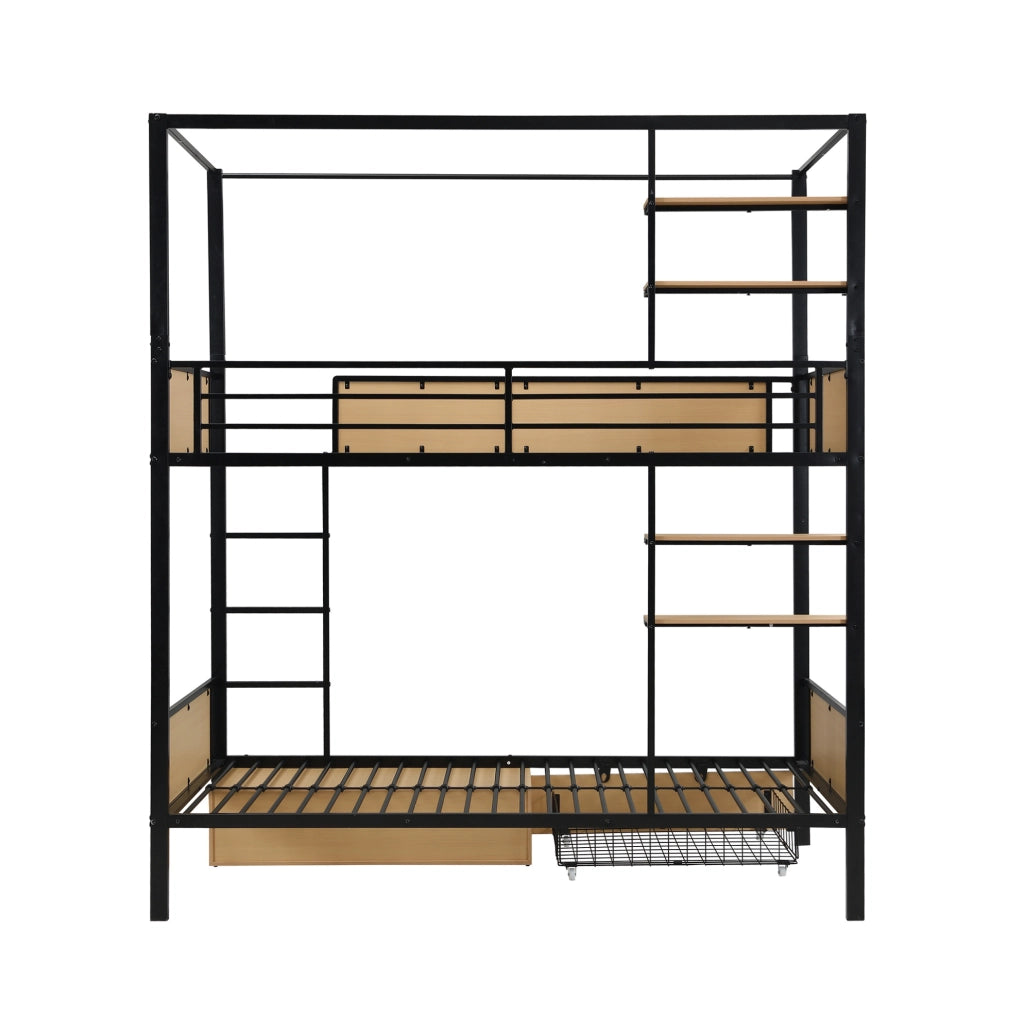 Letto a castello 90x200 cm con doppio ripiano e contenitore in metallo e MDF nero e naturale