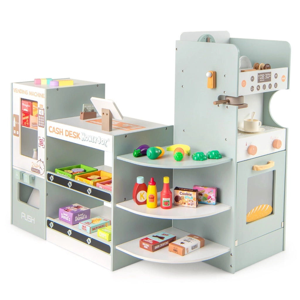 Negozio di alimentari giocattolo con macchina distributrice, Supermercato in legno con scaffali espositivi per bambini