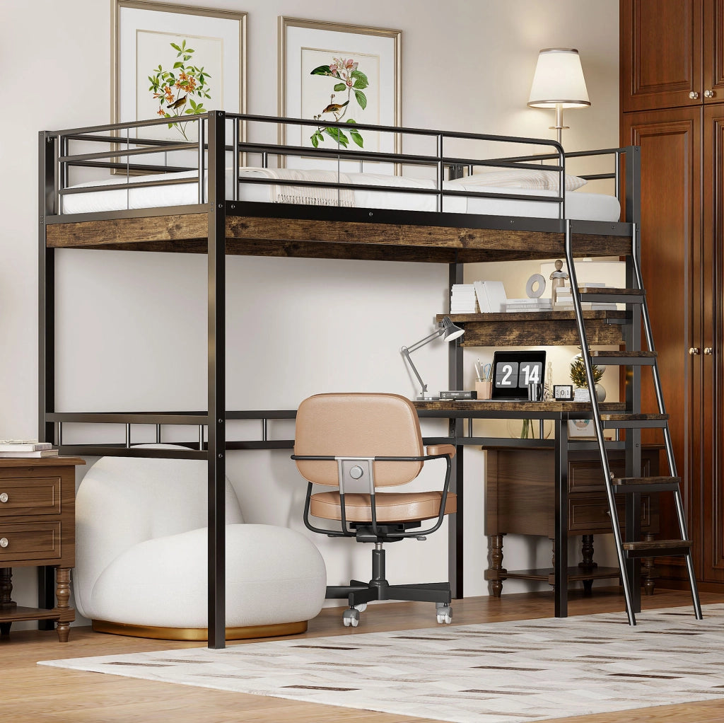 Letto a soppalco 90x200 cm con scrivania e ripiani, nero
