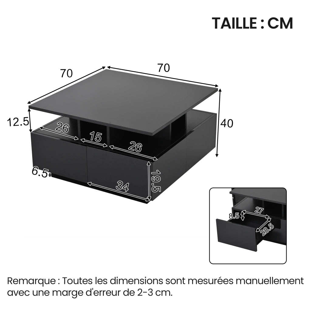 Tavolino da Caffè Quadrato con 4 Cassetti e LED; Nero Lucido; Design Geometrico; in Pannello Truciolare; 70×70×40 cm