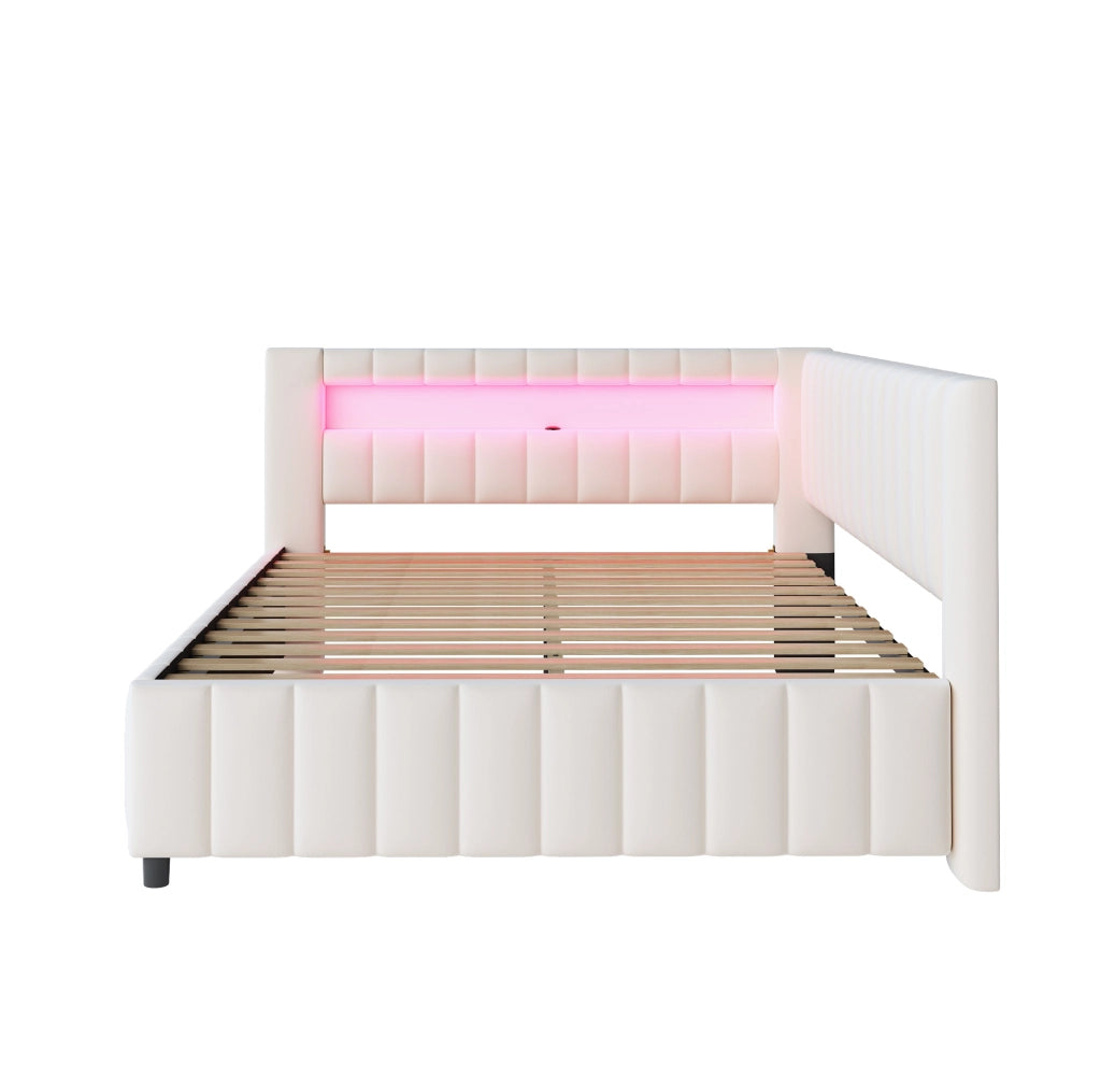 Divano letto angolare imbottito 140x200 cm in velluto beige con LED e porta USB
