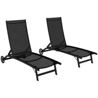 Set di 2 Lettini Prendisole in Alluminio e Textilene con Ruote, Schienale Reclinabile, Carico Max. 150 Kg, Nero