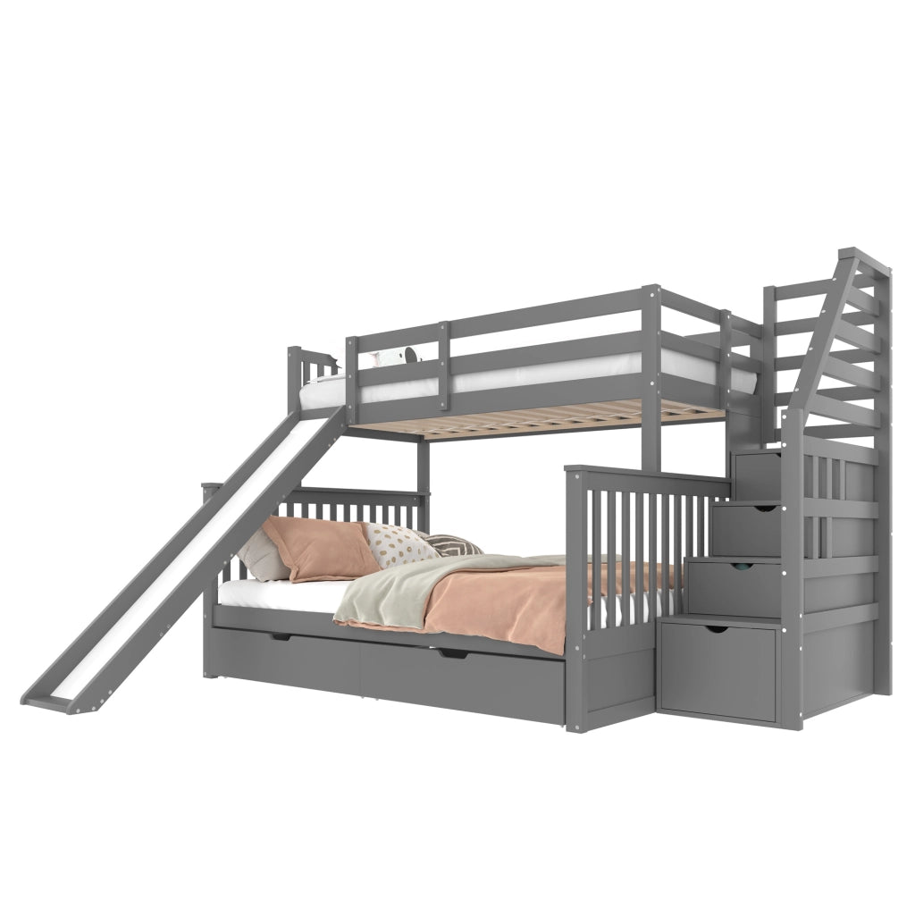 Letto a castello con scivolo e cassetti; 90x200/140x200 cm; grigio