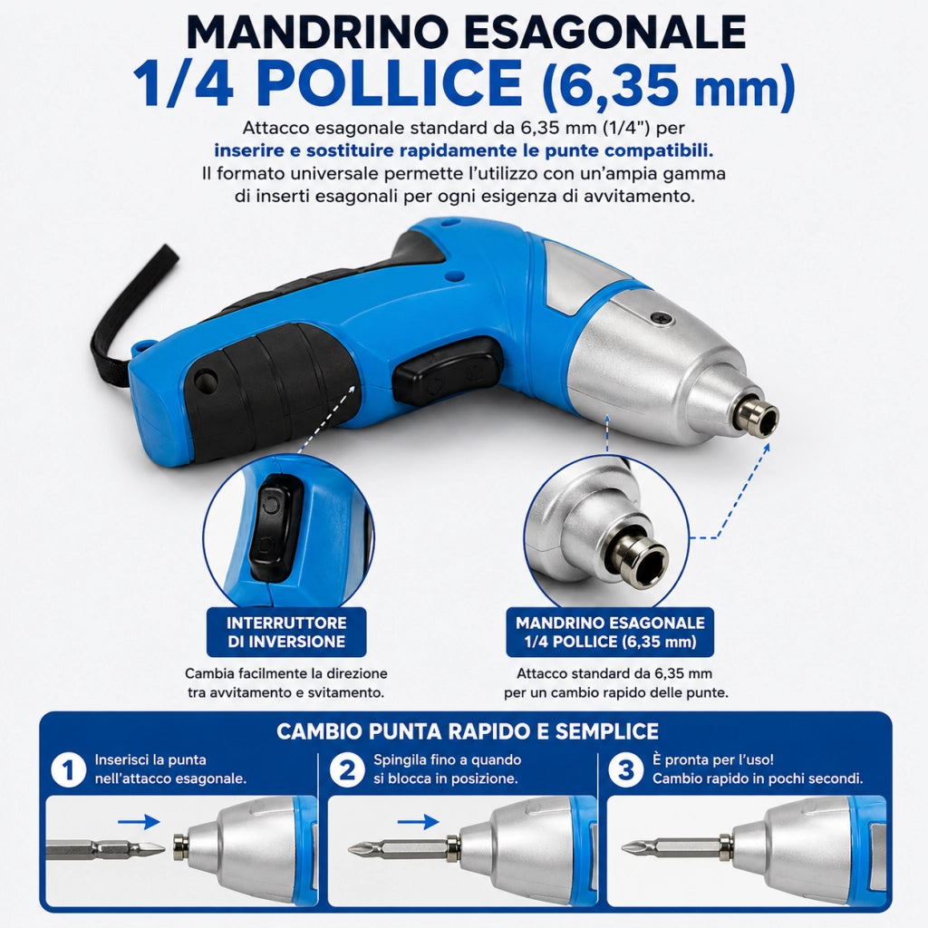 Avvitatore a Batteria 4,8V 2Ah 180 giri LED 11 Punte VP10104