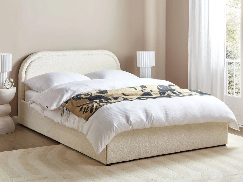 Letto matrimoniale EU Light Beige Boucle 140 x 200 cm Struttura imbottita Poggiatesta con contenitore