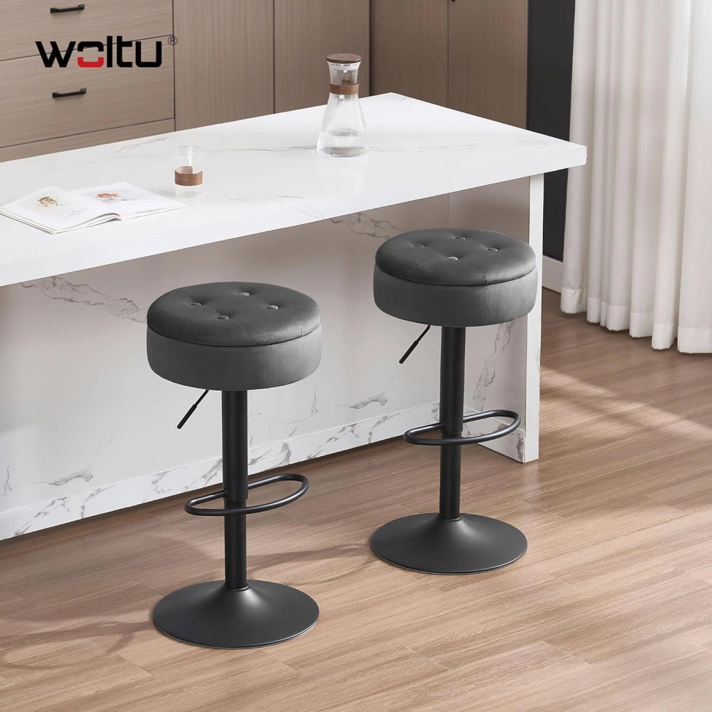 Set di 2 Sgabelli da Cucina, Sgabelli da Bar Alti con Spazio Contenitivo, Sedia Regolabili in Altezza e Girevoli a 360°, per Cucina Sala da Pranzo Bar Bancone, Velluto, Metallo, Grigio Scuro