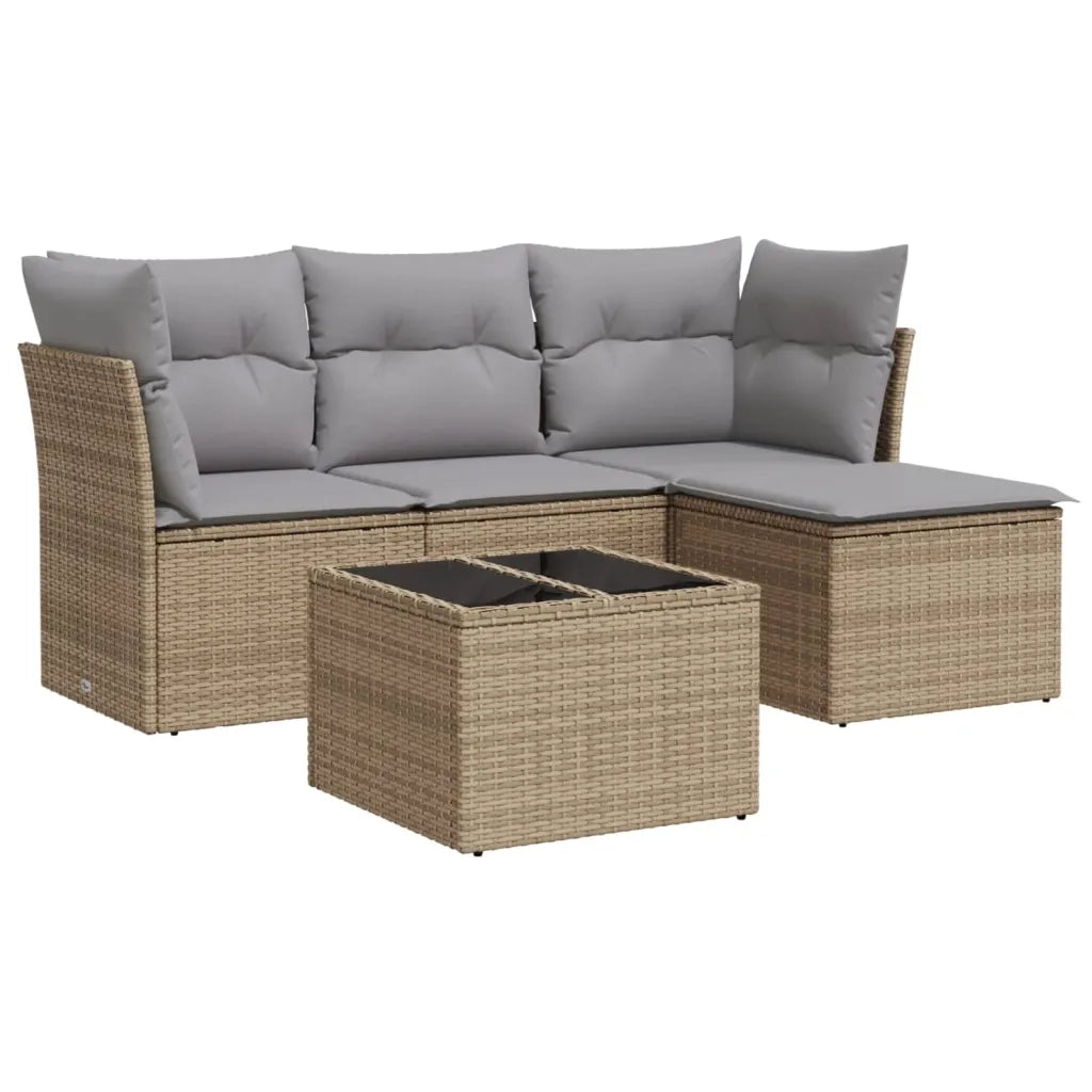 Set Divano da Giardino 5 pz con Cuscini-Sofa da Giardino-Divanetto da esterno Beige in Polyrattan 193589