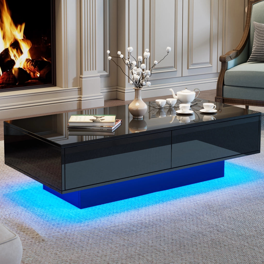 Tavolino da Salotto con 2 Cassetti e LED; Nero Lucido; Stile Moderno; in Pannello di Particelle; 115×55×34 cm