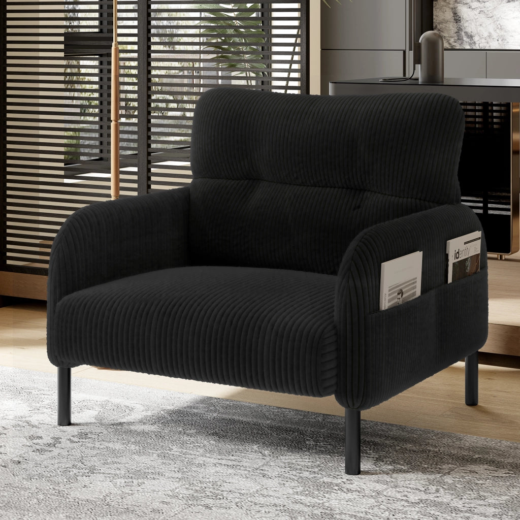 OKWISH Poltrona in Velluto a Coste, Seduta Profonda e Schienale Ergonomico con Tasche Laterali, Struttura in Metallo, Nera