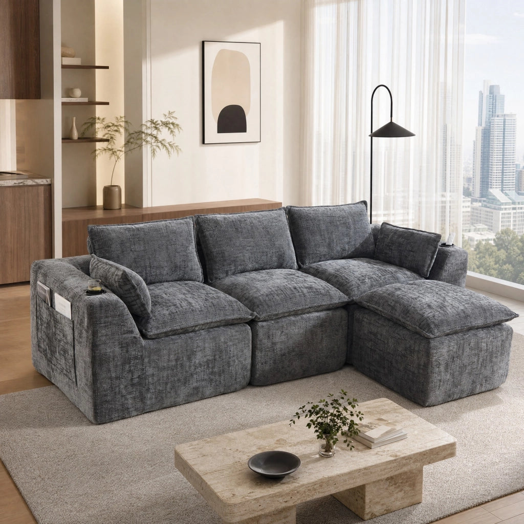 Divano modulare a 3 posti con tasche laterali cuscini e molle in ciniglia grigio scuro 256 × 161 × 75 cm