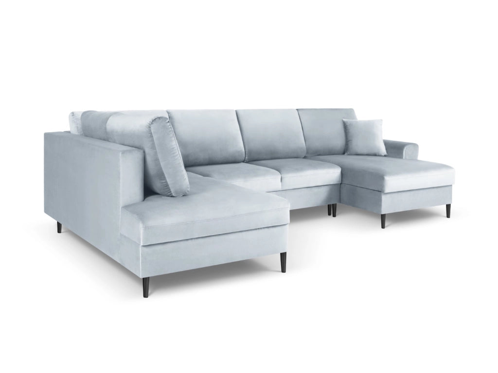 Cosmopolitan Design - Divano panoramico convertibile sinistro con contenitore "Kyoto" 7 posti in velluto azzurro 