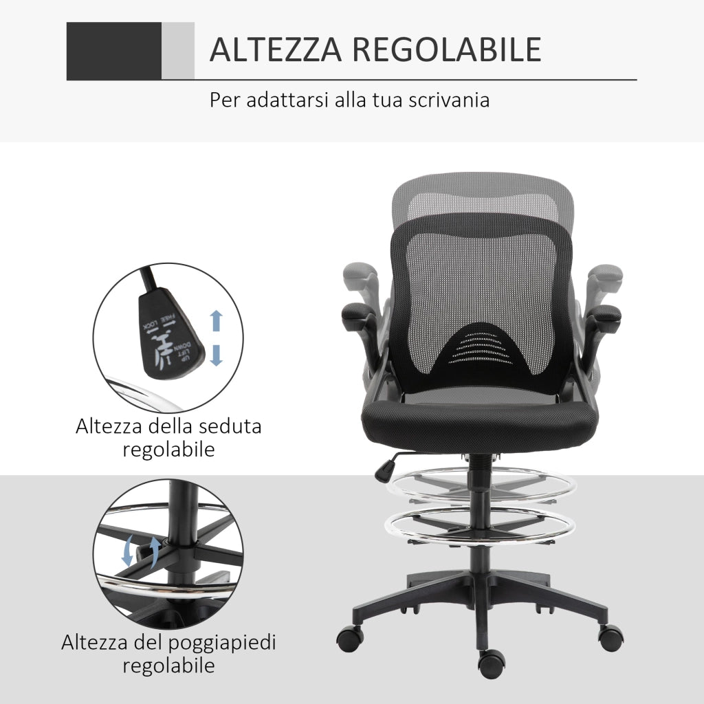 Sedia da Ufficio Traspirante con Braccioli Ribaltabili e Altezza Regolabile 64x60x106-126 cm Nero