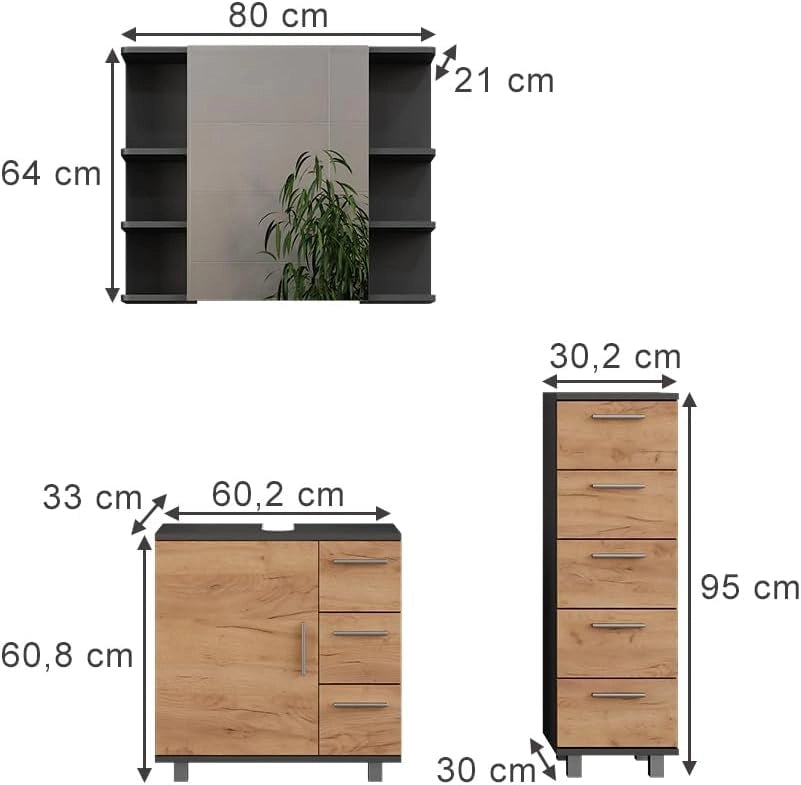 Set di mobili da bagno Ilias, Antracite/quercia dorata, 60.2 cm, composto da mobile sottolavabo, specchiera e mobile medio
