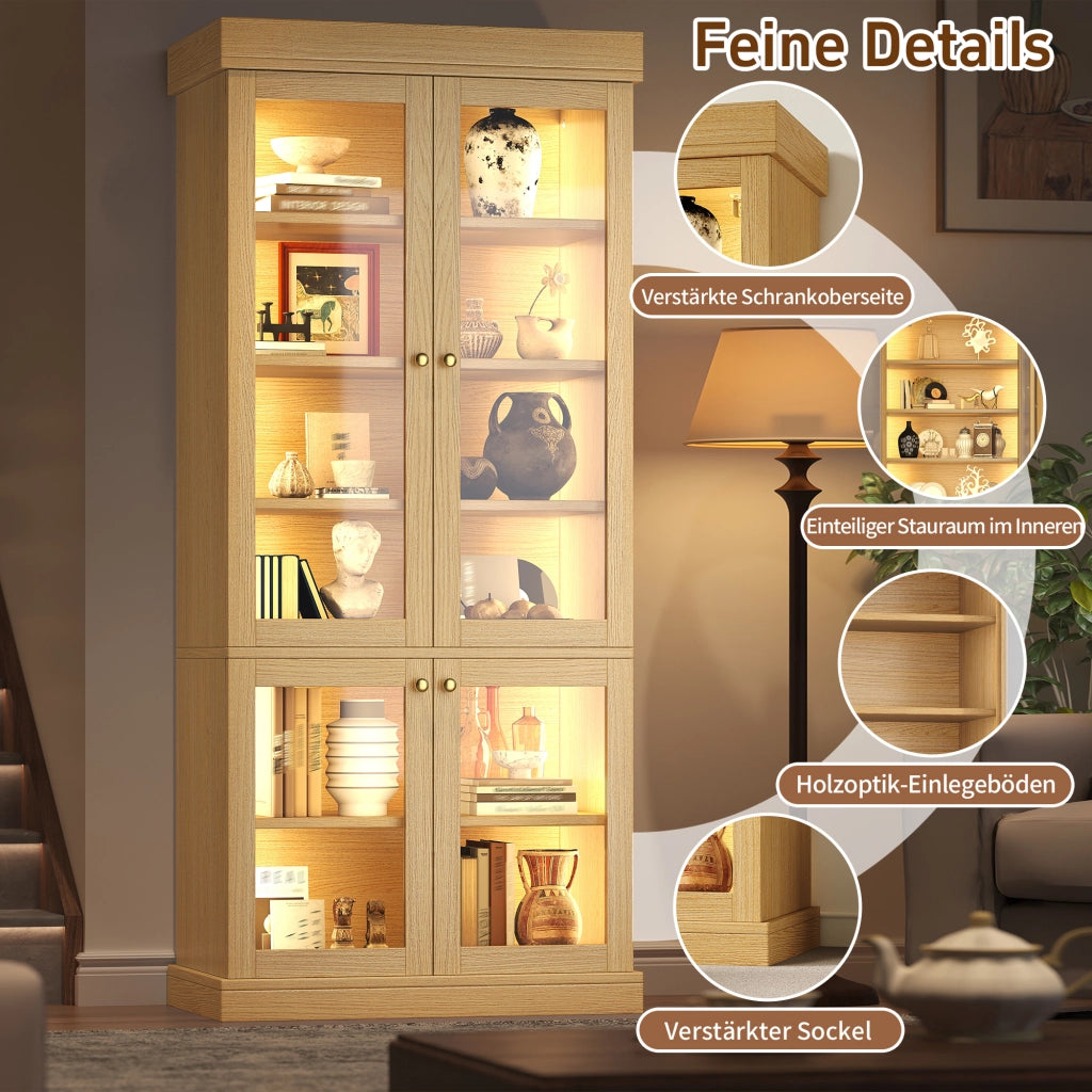 ARMADIO ALTO 160x40x180 cm MDF e vetro Naturale con LED Set da 2 pezzi