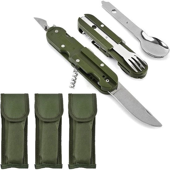 Servizio da campeggio 3 in 1 da 5 in 1 con forchetta, coltello e cucchiaio in acciaio inox pieghevole per campeggio, escursioni, picnic e viaggi