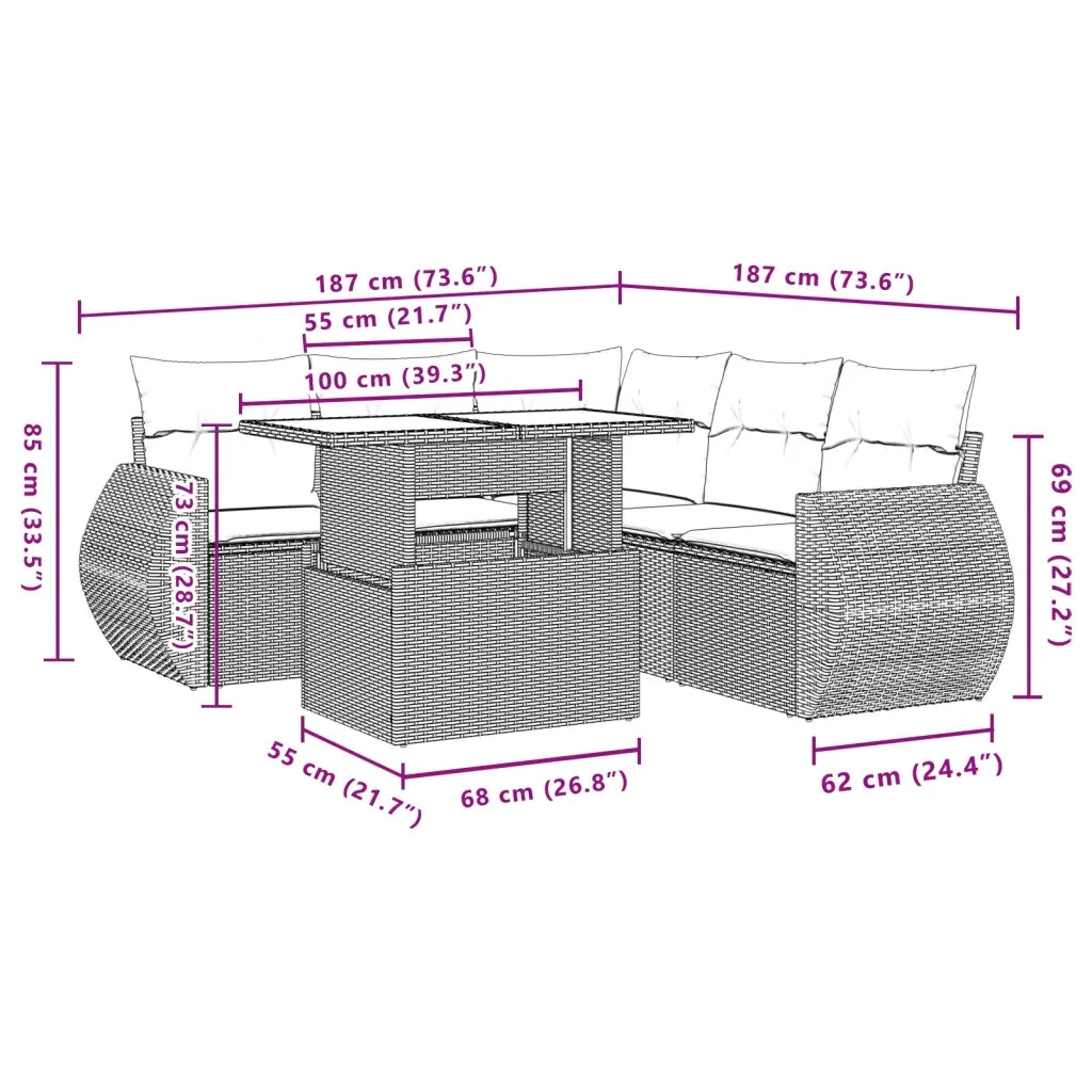 Set Divano da Giardino 6 pz con Cuscini Nero in Polyrattan 3268526