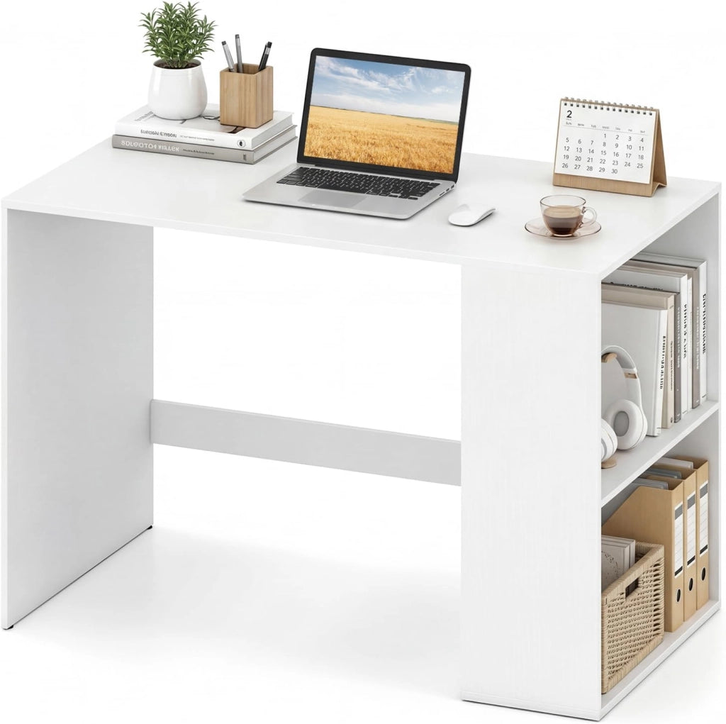 Scrivania Ufficio con Libreria Laterale a 2 Ripiani e Ampio Piano, 112 x 60 cm Scrivania Gaming in Legno, Scrittoio per Computer Salvaspazio per Studio, Soggiorno e Ufficio (Bianco)