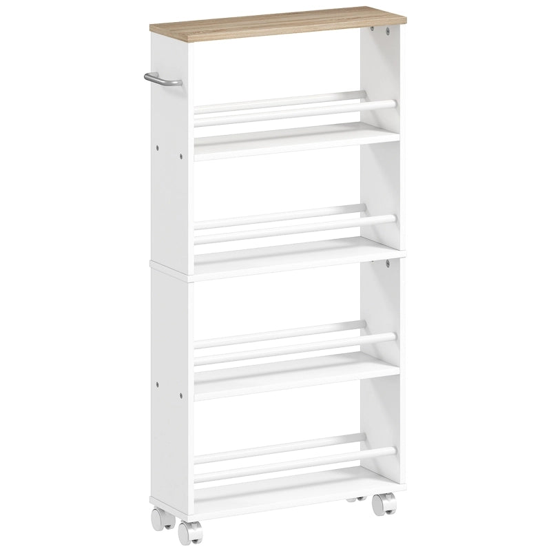Scaffale multifunzionale con rotelle, design stretto, 4 scomparti, 45x15x91 cm, naturale