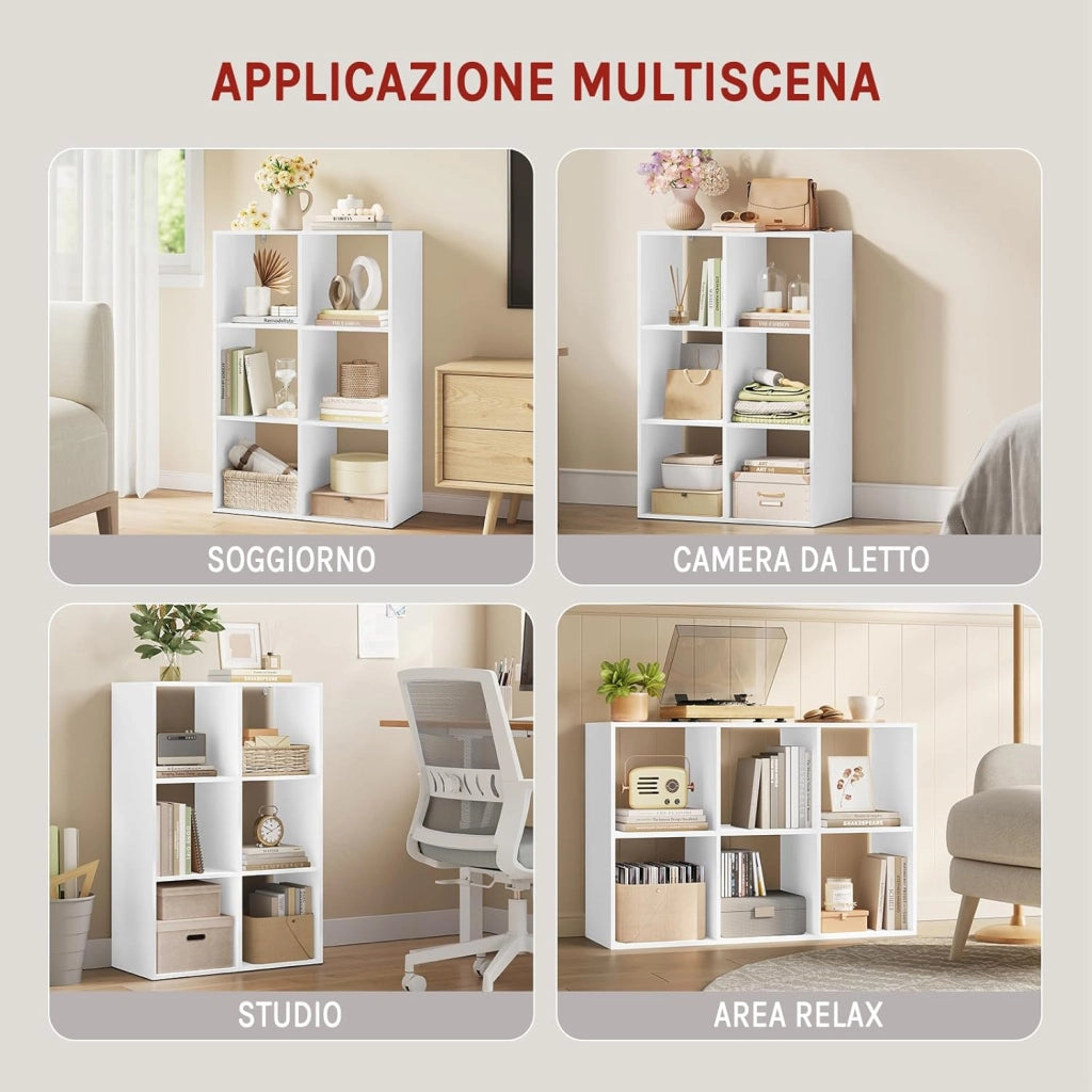 Libreria a 6 Cubi, Scaffale di Stoccaggio a 3 Livelli, Libreria Verticale, Scaffale Divisorio, Mobile di Stoccaggio per Soggiorno/Camera da Letto, Bianco, SK054ws