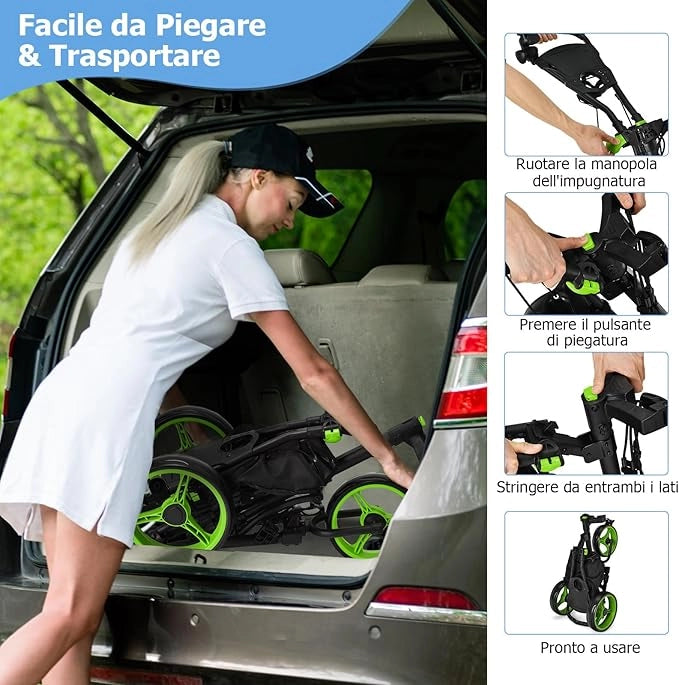 Carrello da Golf Pieghevole con 3 Ruote, Struttura in Alluminio, Cinghia Elastica, Portaombrello Regolabile e Porta Bicchiere, Segnapunti e Freno a Pedale