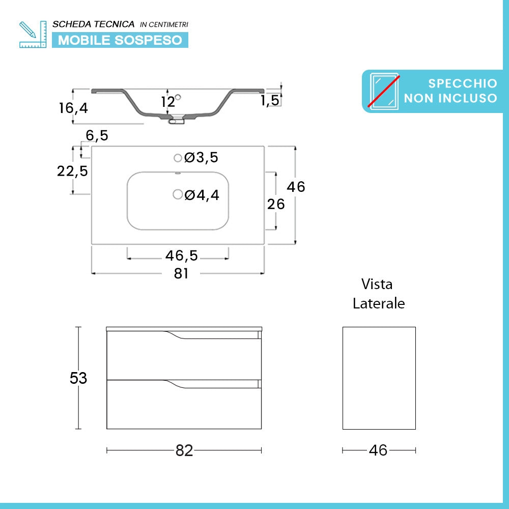 Mobile bagno sospeso 80cm bianco e quercia con pensile e lavabo Sumya