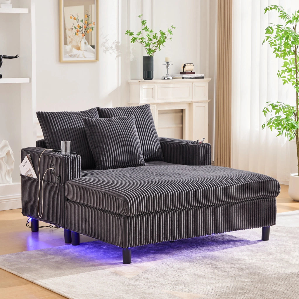 Poltrona relax 142x128x85 cm con luci LED multicolore; portabicchiere in velluto a coste grigio scuro