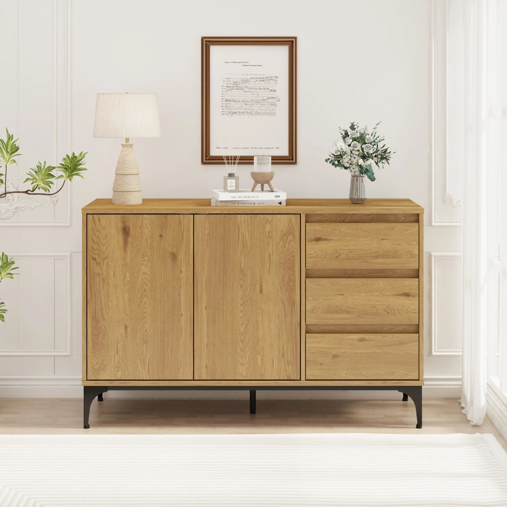 Credenza Bassa Kistiandi a 2 Ante e 3 Cassetti 77 x 120 x 40 cm - Effetto Rovere Scuro [en.casa]