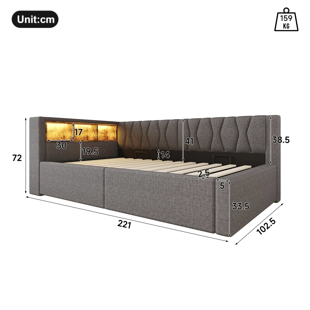 Letto da giorno 90x200 con contenitore; LED dimmerabile; ripiani e USB; lino e MDF; beige