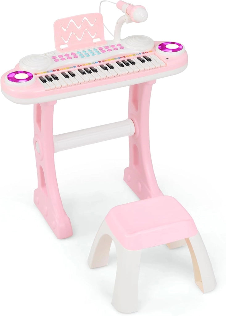 Pianoforte per Bambini con 37 Tasti, Pianola per Bambina con Effetti Luminosi e Microfono Regolabile, Tastiera Musicale Bambini con Sgabello, 8 Ritmi/Suoni per Bambini 3+ Anni (Rosa)