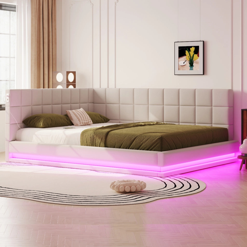 Divano letto imbottito 160x200 cm in tessuto effetto lino beige con LED e USB