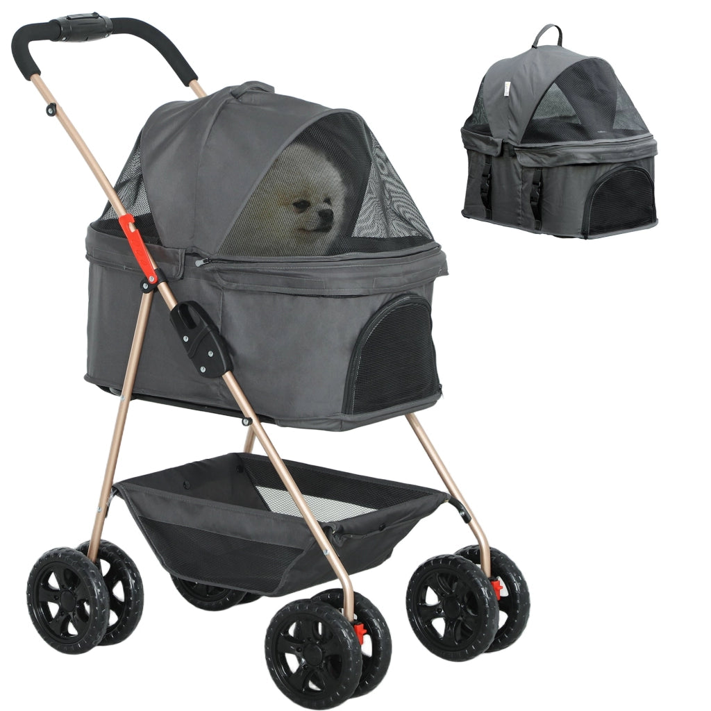 Passeggino per Cani 3 in 1 Pieghevole con Cestino Inferiore Grigio