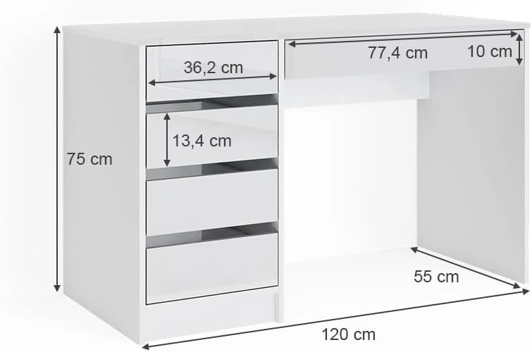 Tavolo da toeletta Sherry, Bianco lucido, 120 cm, 5 cassetti per diverse esigenze di conservazione