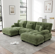 Divano modulare con ottomane mobili in chenille verde; configurazione a U o angolare