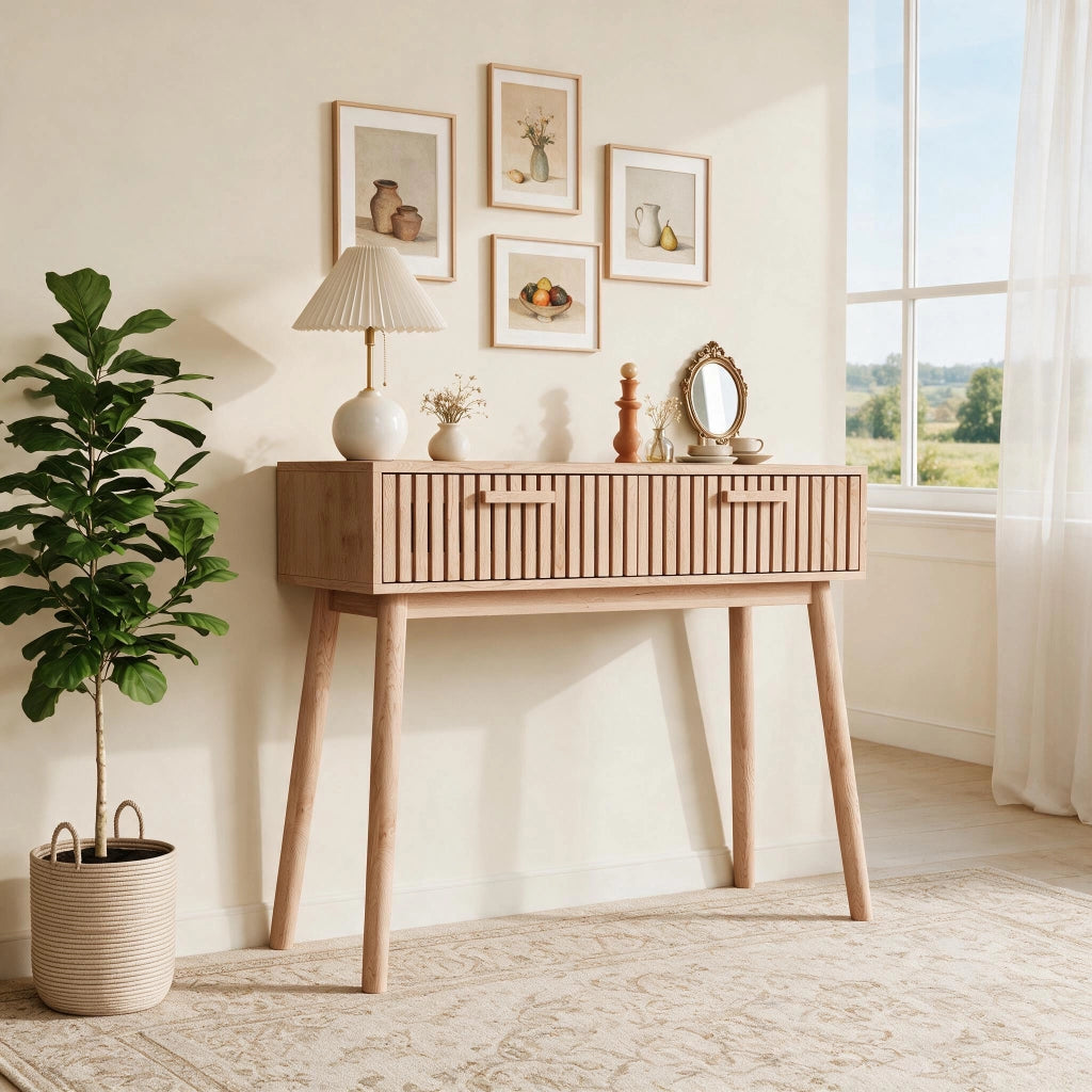 Tavolo consolle 100x35x80 cm con 2 cassetti tavolo da divano scrivtaliano-marrone giallastro