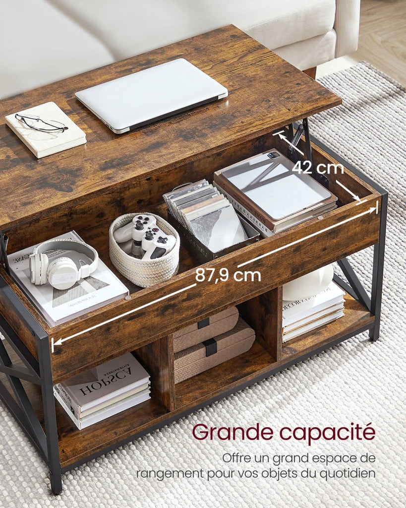 Tavolino da caffè con piano sollevabile vano portaoggetti nascosto e scomparti aperti struttura in acciaio 50 x 100 x 62 cm marrone rustico e nero 12_0007491