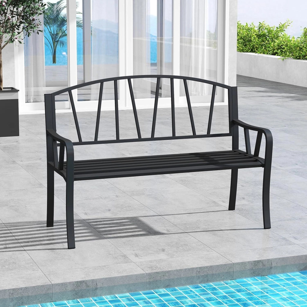 Panca esterna da giardino, seduta a doghe per 2-3 persone, capacità 300 kg, schienale semplice, braccioli curvi, panca da giardino in metallo robusto per terrazza, parco (129 x 53 x 93 cm)