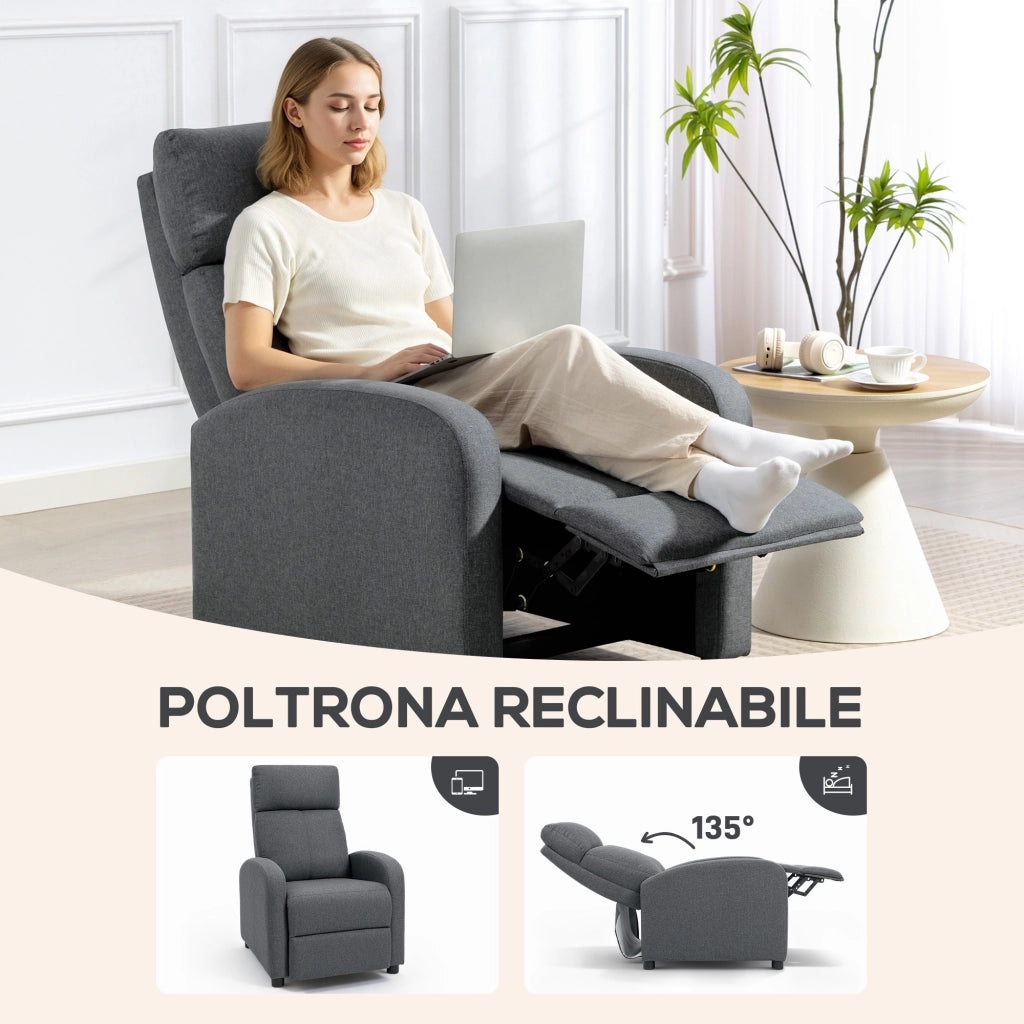 Poltrona Relax Imbottita e Reclinabile a 135¡ã e Poggiapiedi in Tessuto. 69x87x100.5 cm. Grigio