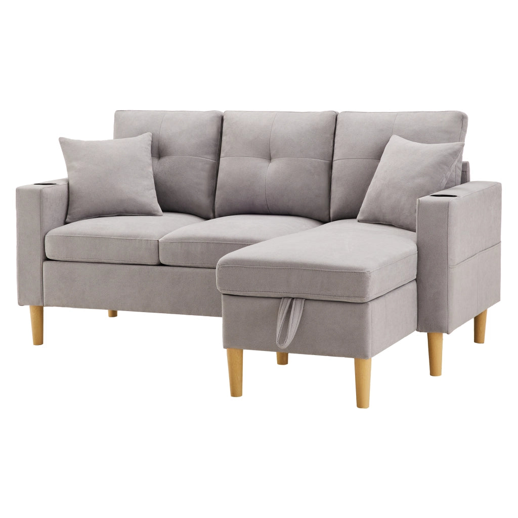 Sofa angolare moderno a L con chaise longue, 3 posti, contenitore e 2 cuscini, grigio chiaro