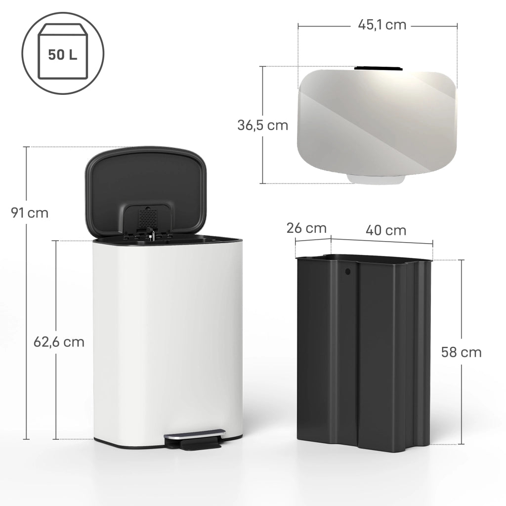 Cestino per Rifiuti 50 Litri ¨C zephmum ¨C Pedale, Coperchio Soft-Close, Colore Bianco