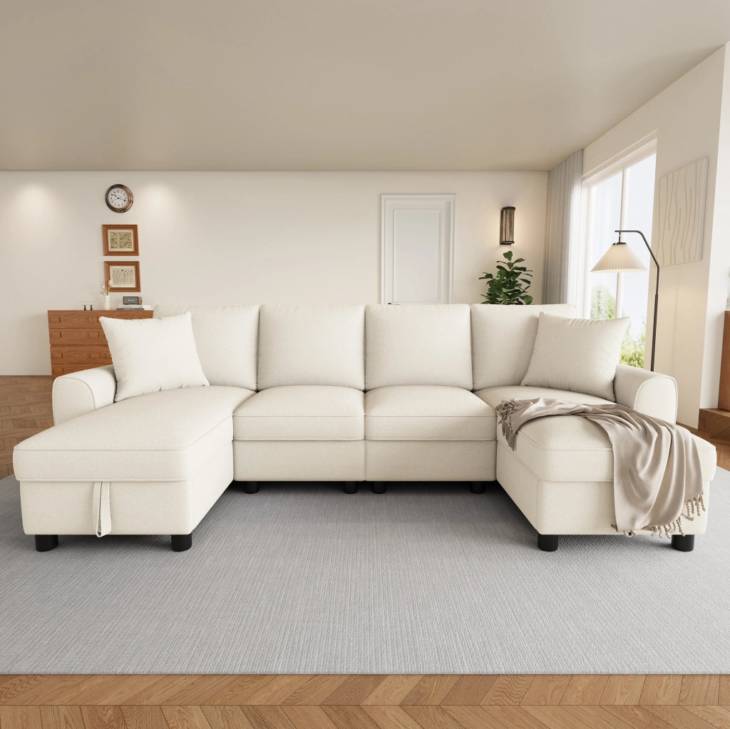 Divano a U 2 posti in ciniglia beige con doppia chaise longue contenitore e cuscini inclusi