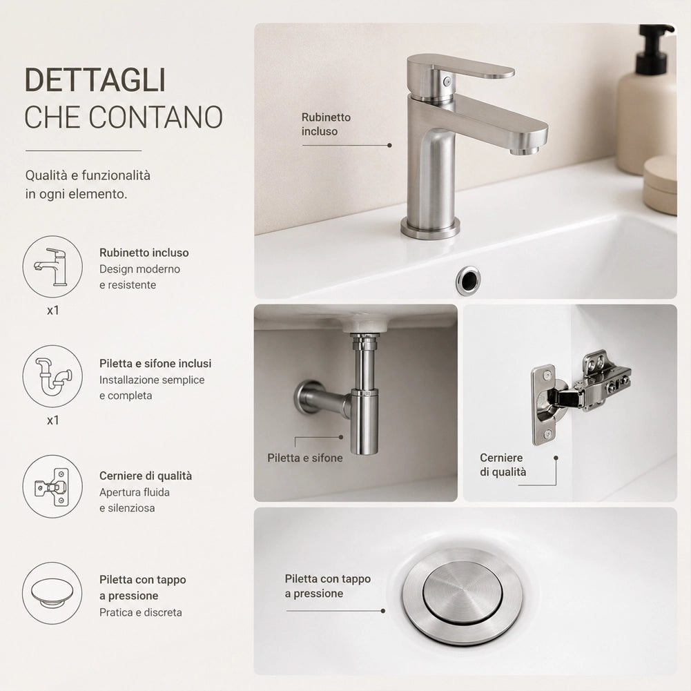 Set Completo Mobile da Bagno Sospeso 85.5cm Due Ante Bianco Specchio e Accessori