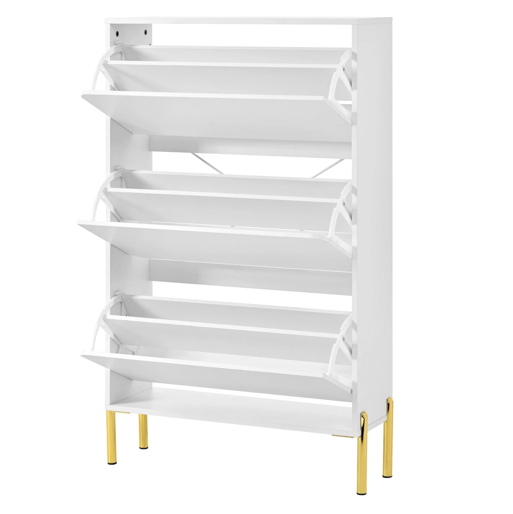 Scarpiera 73x24x120 cm a 3 ante salvaspazio con gambe dorate in MDF bianco