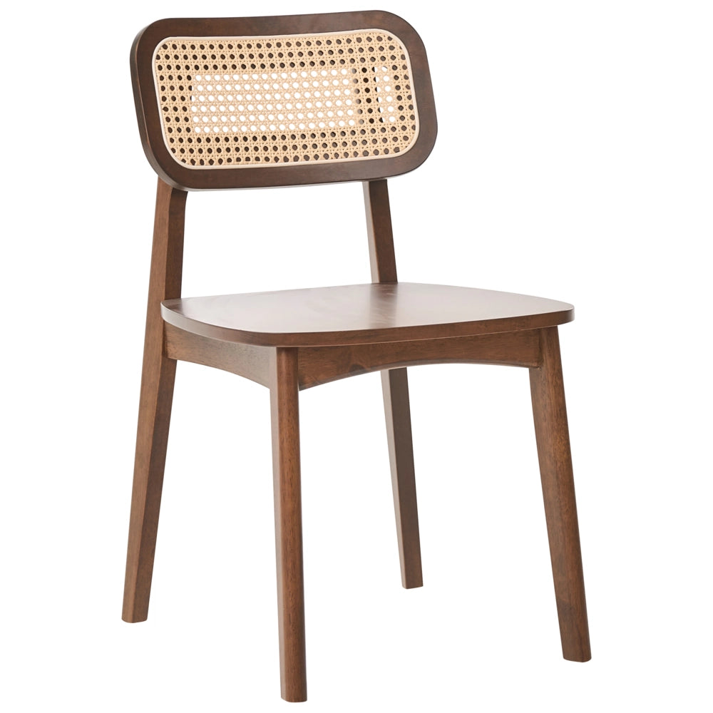 Set di 2 sedie da pranzo con struttura in legno di gomma marrone e schienale in rattan marrone chiaro senza braccioli design retrò
