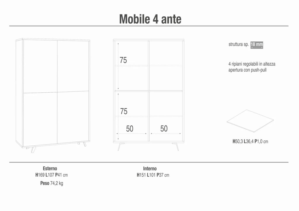 Armadio mobile 4 ante con apertura push-pull 107x41x169h cm in kit colore Cemento e Marmo Calacatta
