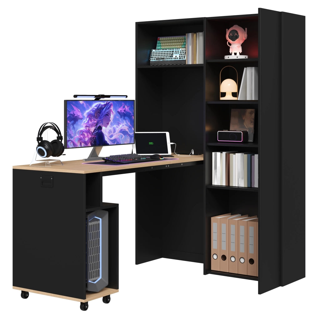 Scrivania pieghevole 2 in 1 con libreria, presa EU e porte USB, MDF, nero e rovere